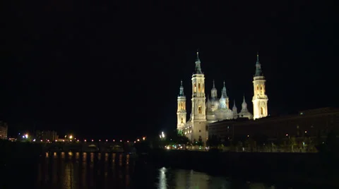 Night view of Basilica by the river, tilt up Stock Footage 39308541