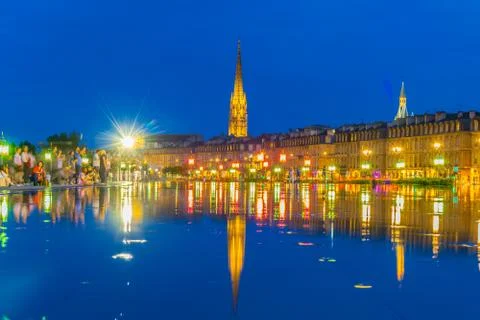 Night view Basilica of Saint Michel in Bordeaux viewed from Place de la Bours Stock Photos