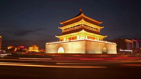 Night view of bell tower and street /xian,shaanxi,China Stock Footage 36148486