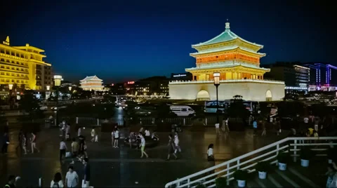 Night view of bell tower and street , xi'an, shaanxi, China Stock Footage 37998644