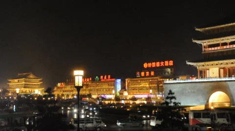 Night view of the Bell Tower in Xian Stock Footage 888218