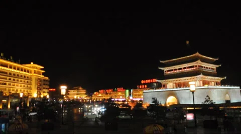 Night view of the Bell Tower in Xian Stock Footage 906279