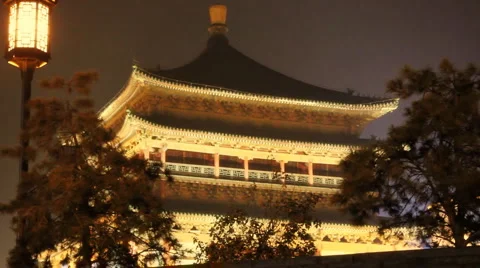 Night view of the Bell Tower in Xian, China Stock Footage 1038811