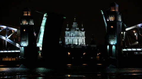 Night view of the Bolsheokhtinsky bridge in St. Petersburg, Russia. Full HD Stock Footage 48656219