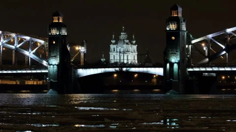 Night view of the Bolsheokhtinsky bridge in St. Petersburg, Russia. Full HD Stock Footage 48773055