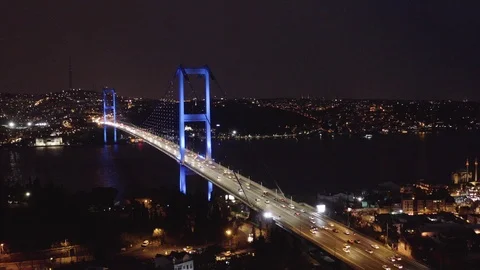 Night View of Bosphorus and 15 July Martyrs Bridge in Istanbul Stock Footage 109410513