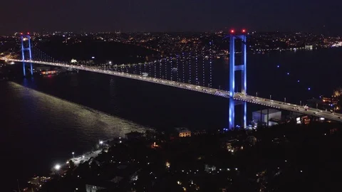 Night View of Bosphorus and 15 July Martyrs Bridge in Istanbul Stock Footage 109418452