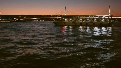 Night view of the Bosphorus Strait near the Galata Tower in Istanbul. Turkey. Stock Footage 113080797