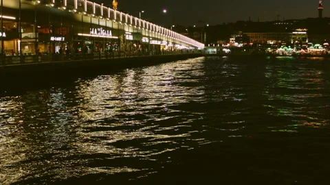 Night view of the Bosphorus Strait near the Galata Tower in Istanbul. Turkey. Video stock 113080818