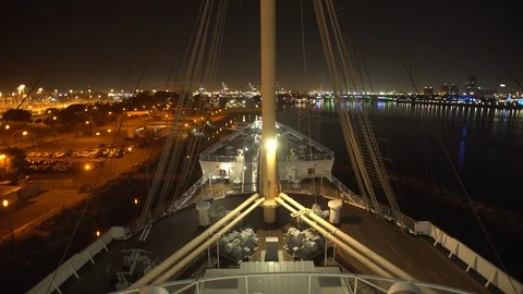 Night View of the bow of the RMS Queen Mary - 1936 Ocean liner in Long Beach CA Stock Footage 116507154