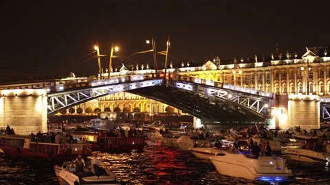 Night view of the bridge. Bridge clearance. Lots of yachts and boats. Drawbridge Stock Footage 235187954