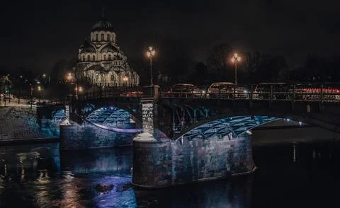 Night view of a bridge in Vilnius Stock Photos
