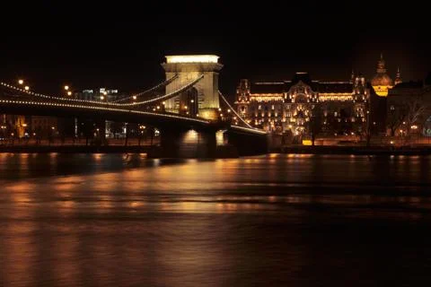 Night view of Budapest from the Chains Bridge, Hungary, Europe Stock Photos