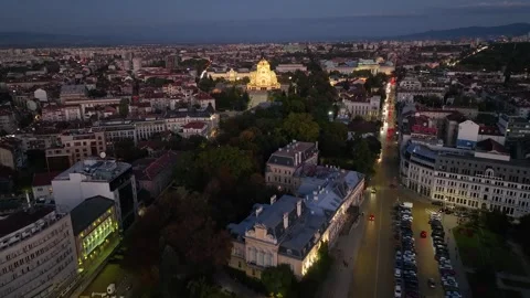 Night view of Bulgaria's capital Sofia and Cathedral of St. Alexander Nevsky Stock Footage 292882340
