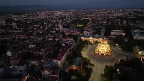 Night view of Bulgaria's capital Sofia and Cathedral of St. Alexander Nevsky Stock Footage 296062231