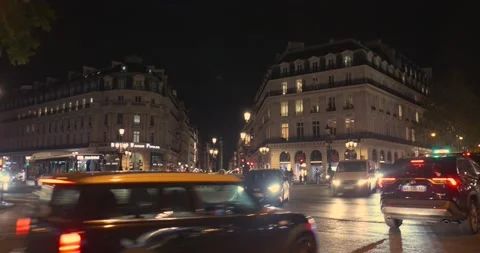 Night View of Busy Intersection Near Opera District in Paris, France Stock Footage 334635886