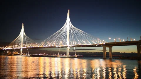 Night view of cable stayed bridge across Petrovsky fairway in Saint-Petersburg, Stock Footage 97764664