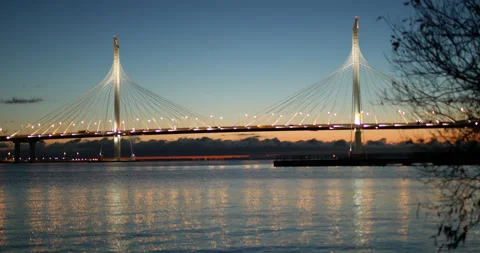 Night view of cable stayed bridge across Petrovsky fairway in Saint-Petersburg, 스톡 동영상 97764688
