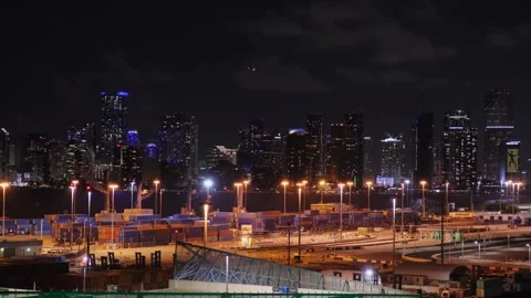 Night view cargo terminal facilities of Miami Port, Florida. Vast docks areas Stock-Footage 275285111
