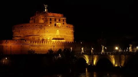 The night view of the Castel Sant'Angelo in Rome, Italy, 4k Stock Footage 153802429