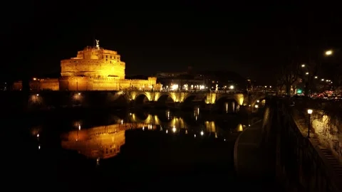 The night view of the Castel Sant'Angelo in Rome, Italy, 4k Stock Footage 153802454