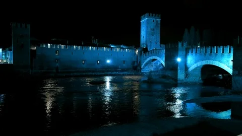 Night View of Castelvecchio with reflection on Adige river, Verona, Italy.	 Stock Footage 123869465
