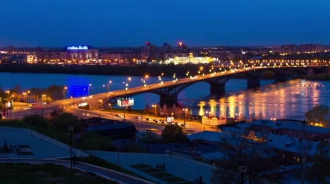 Night view of city bridge over river in lights Stock Footage 47952544