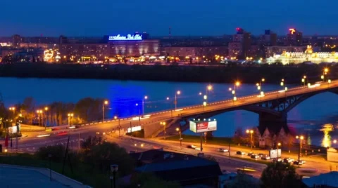 Night view of city bridge over river in lights Stock Footage 47952550