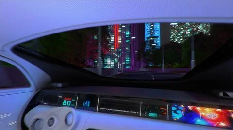 Night view of the city from the car with automatic piloting. 3d illustration. Stock Illustration