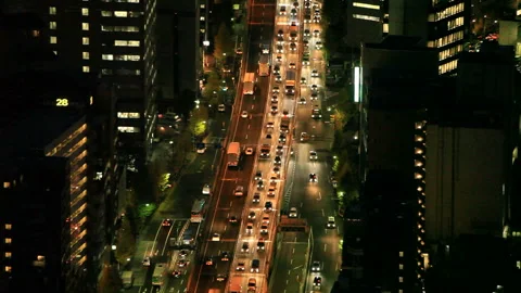 Night View of the Congested Metropolitan Expressway No. 3 Stock Footage 324935726