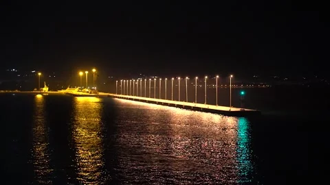 Night view of corfu island old town in greece while sailing with ferry ship  Stock Footage 221369930