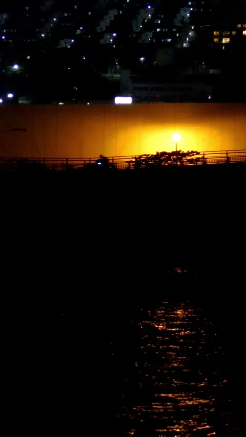 Night View Cyclist Passing Warm Streetlight with Copy Space,Vertical Stock Footage 346079209