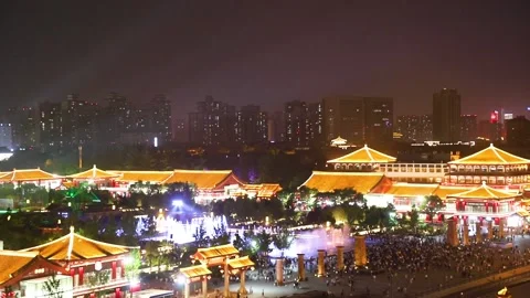 Night view of Dayan tower (or Giant Wild Goose Pagoda, a Buddhist pagoda) in  Stock Footage 136467048