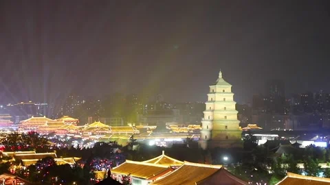 Night view of Dayan tower (or Giant Wild Goose Pagoda, a Buddhist pagoda) in  Stock Footage 136467052