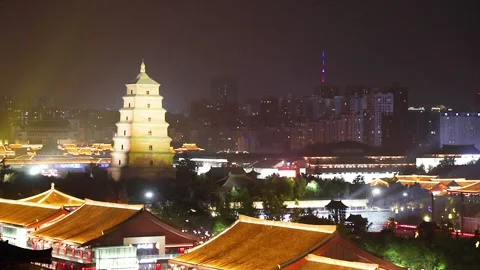 Night view of Dayan tower (or Giant Wild Goose Pagoda, a Buddhist pagoda) in  Stock Footage 136467053