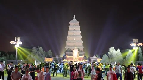 Night view of Dayan tower (or Giant Wild Goose Pagoda, a Buddhist pagoda) in  Stock Footage 136467059