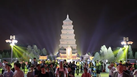 Night view of Dayan tower (or Giant Wild Goose Pagoda, a Buddhist pagoda) in  Stock Footage 136467062