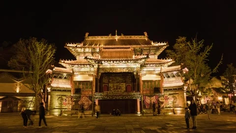 Night View Delay of Sun Moon Island Grand Theater in Miyun Ancient North Water T Stock Footage 243041839
