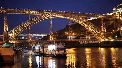 Night view to Dom Luis I Bridge in Porto, Portugal Stock Footage 76002597