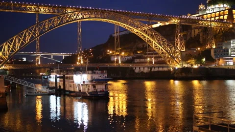 Night view to Dom Luis I Bridge in Porto, Portugal Stock Footage 86258533