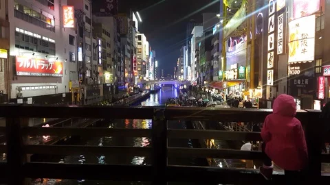 Night view of Dotonbori bridge in Osaka City, Osaka, Japan. Stock Footage 98615981