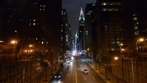 Night view down 42nd Street towards Grand Central, New York Stock Footage 88699014