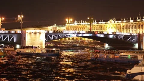 Night view of the drawbridge, palace, many boats, water transport Stock Footage 235184922