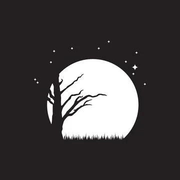 Night view with dry tree grass and moon logo design vector graphic symbol i.. Stock Illustration