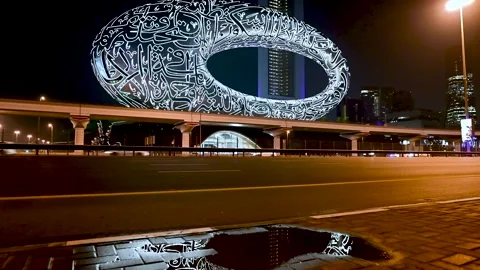 Night View of Dubai Sheikh Zayed Road near Museum of Future Stock Footage 255764076