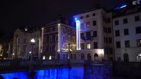 Night view of famous Cobblers bridge in Ljubljana city Stock Footage 168983865