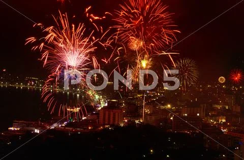 Night view of the fireworks at pattaya city chonburi, thailand Stock Photos