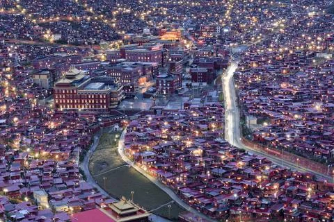 Night view of Five Science Buddhist Academy. Stock Photos