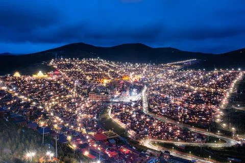 Night view of Five Science Buddhist Academy(Serta Larung Gar Buddhist Academy) Stock Photos