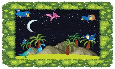 Night view frame of nature with playing animals Illustrazione stock